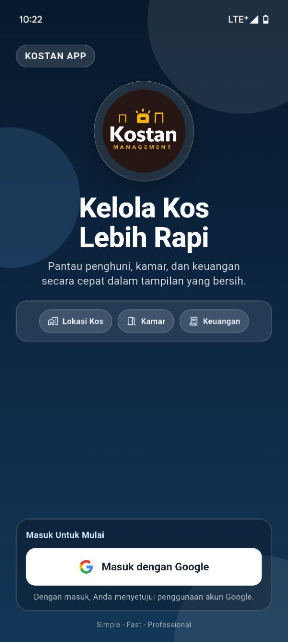 Halaman awal dan login aplikasi Kostan